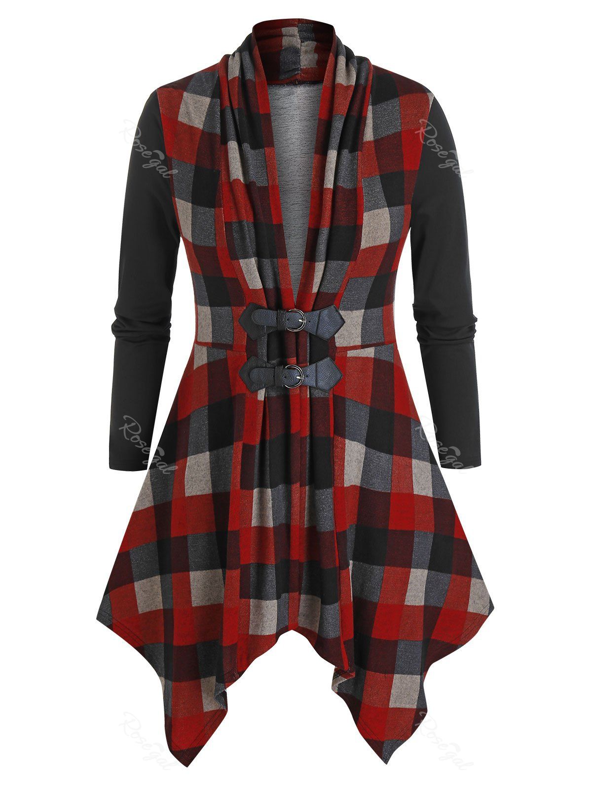 

Plus Size Plaid Draped Handkerchief Buckle Tunic Cardigan, Red wine