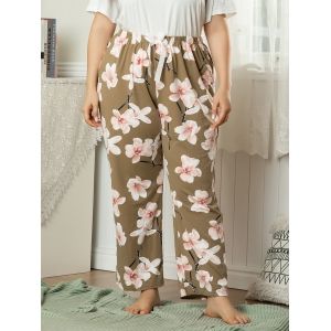 

Plus Size Floral Bowknot Pajama Pants, Coffee