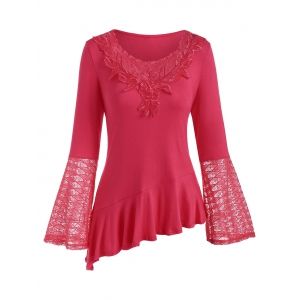 

Lace Panel Bell Sleeve Flounce Asymmetrical T-shirt, Red