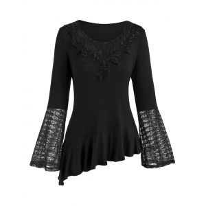 

Lace Panel Bell Sleeve Flounce Asymmetrical T-shirt, Black