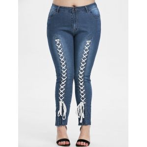 

Plus Size Lace-up Frayed Hem Skinny Jeans, Deep blue