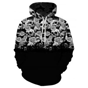 

Digital Floral Skull Print Front Pocket Drawstring Hoodie, Multi