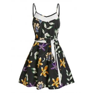

Floral Print Belt Mini Cami Dress, Black