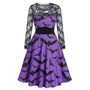

Halloween Bat Print Sheer Lace Sleeve A Line Dress, Purple iris