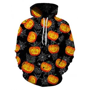 

Halloween Pumpkin Spider Web Print Front Pocket Drawstring Hoodie, Multi