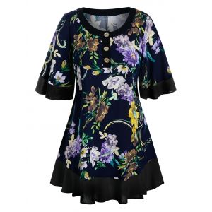 

Plus Size Floral Print Flutter Sleeve Blouse, Black