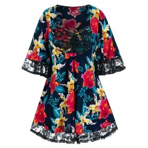 

Plus Size Floral Printed Kimono Sleeve Blouse, Midnight blue