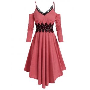 

Cold Shoulder Lace Panel High Waist Asymmetrical Dress, Valentine red