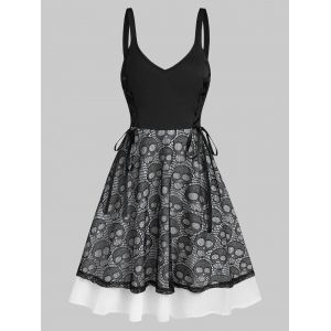 

Lace Up Skull Pattern Lace Mini Cami Dress, Black