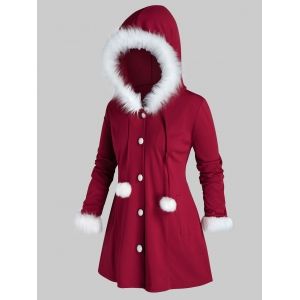 

Plus Size Christmas Hooded Faux Fur Ball Pocket Coat, Red wine