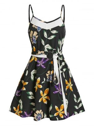 Floral Print Belt Mini Cami Dress