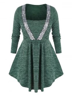Plus Size Glitter Sequined Ribbed Ruched Tunic Sweater - DEEP GREEN - 5X