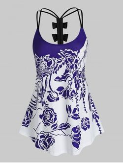 Plus Size Abstract Flower Dual Strap Bowknot Curved Top - PURPLE - 5X