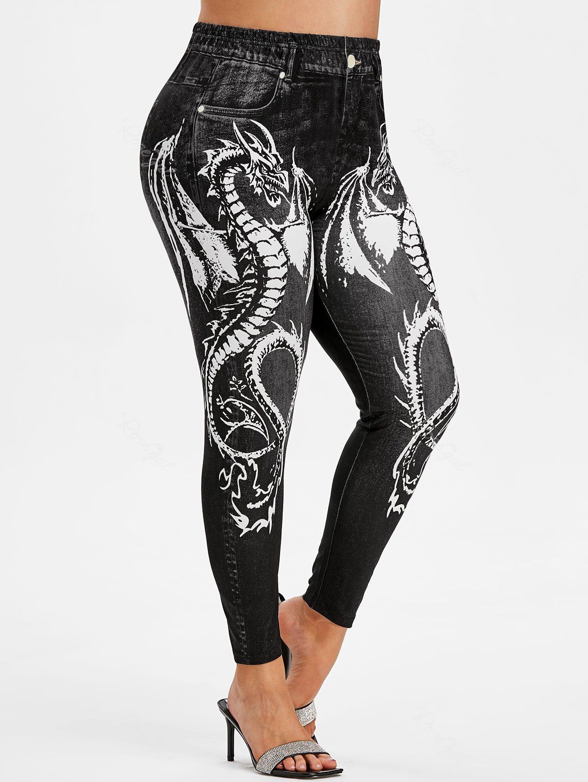 

Plus Size Dragon Print Oriental Jeggings, Black