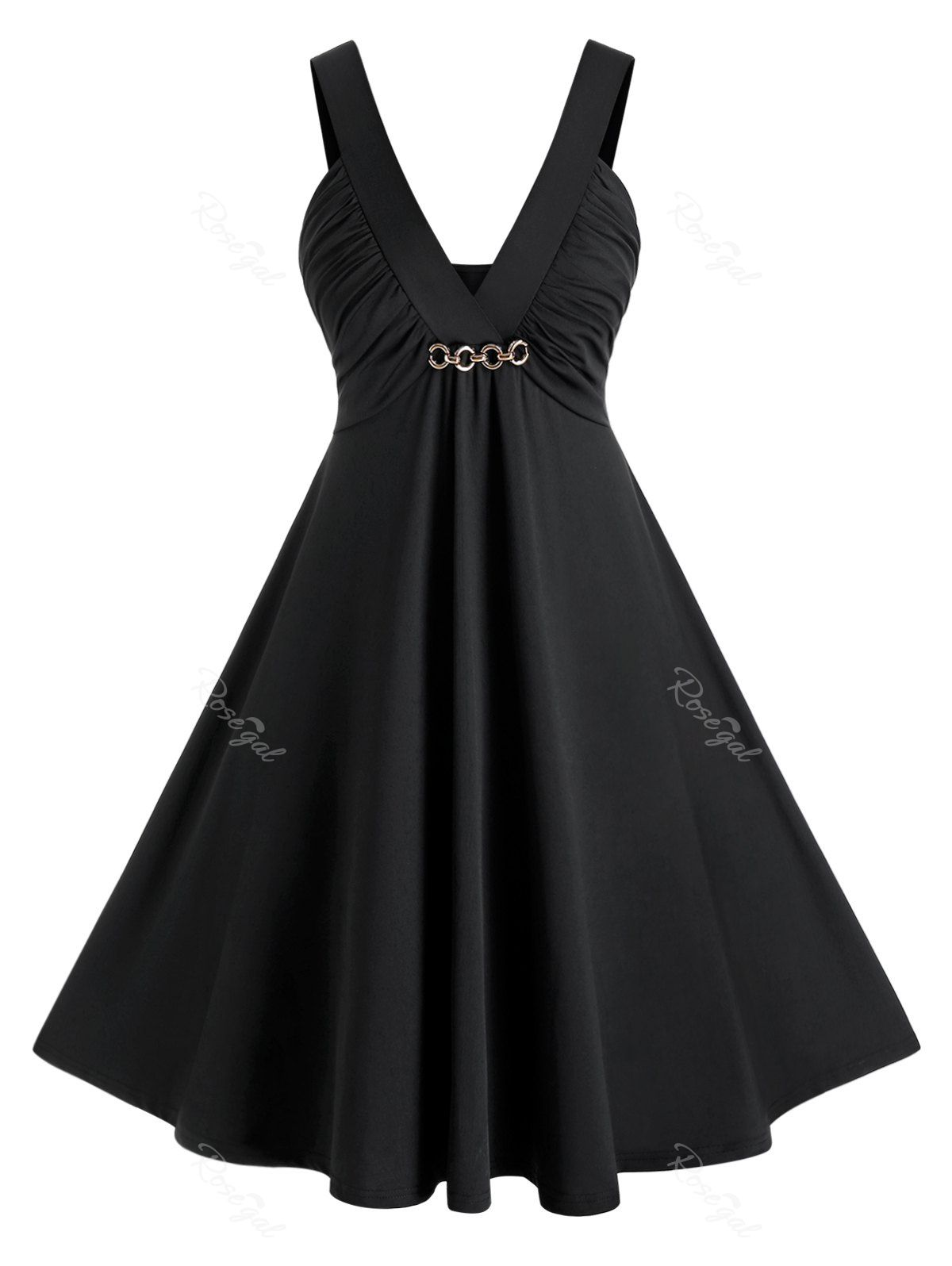 

Plus Size Ruched Chain Embellished Plunge Backless Dress, Black