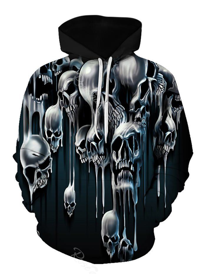 Halloween Liquid Skull Pattern Front Pocket Drawstring Hoodie