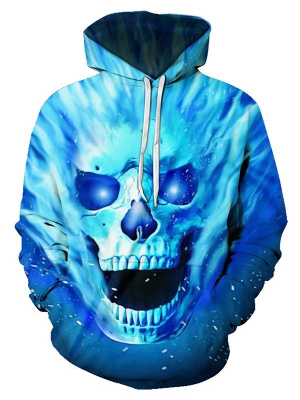 Fire Skull Graphic Front Pocket Drawstring Hoodie
