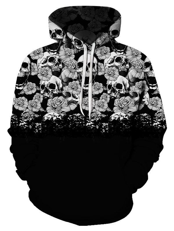 Digital Floral Skull Print Front Pocket Drawstring Hoodie