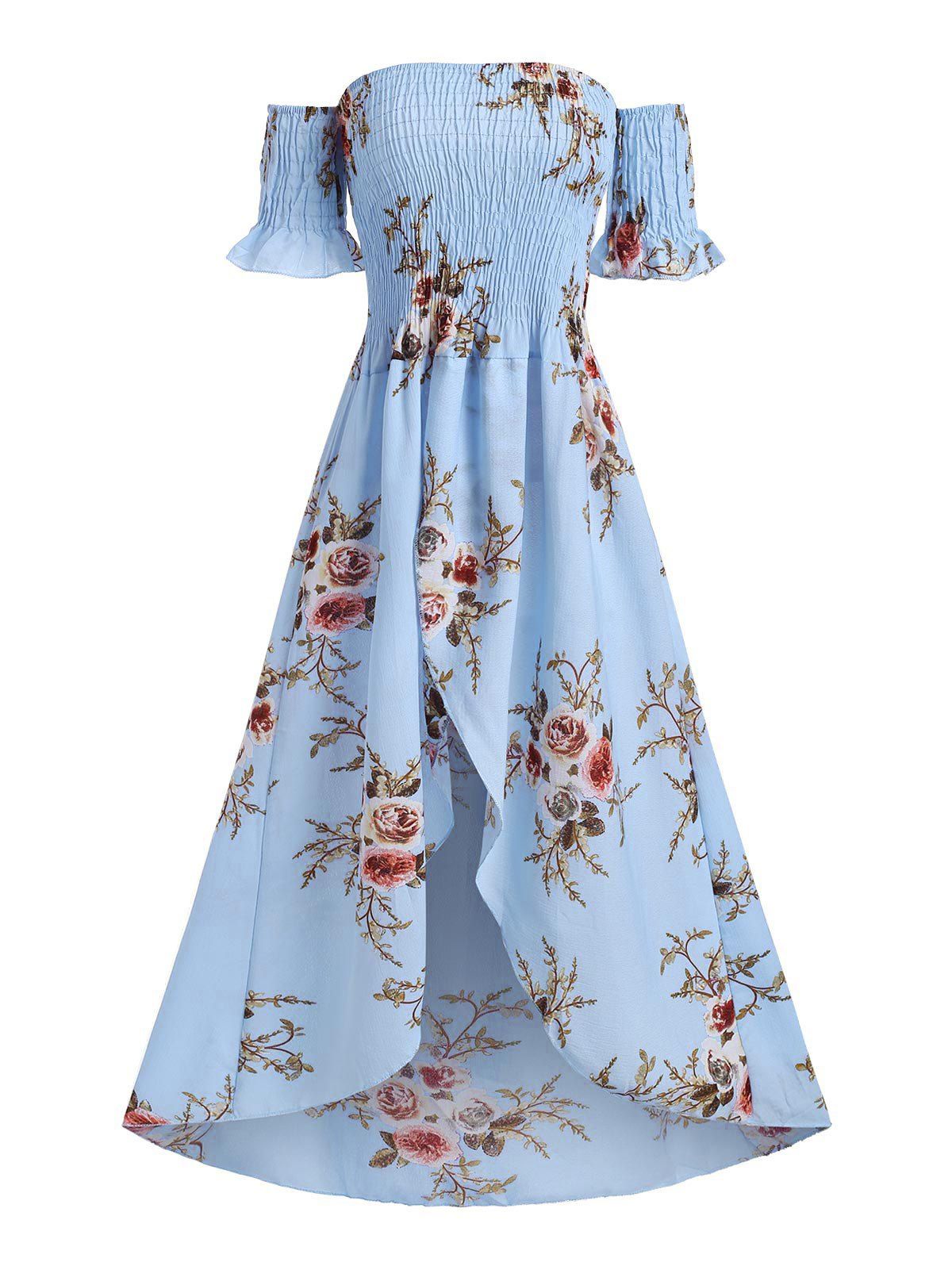 

Floral Off Shoulder Shirred Tulip Dress, Light blue