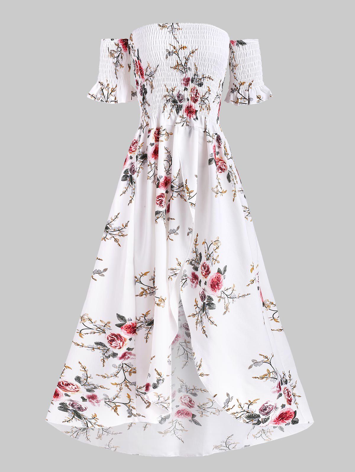 

Floral Off Shoulder Shirred Tulip Dress, White