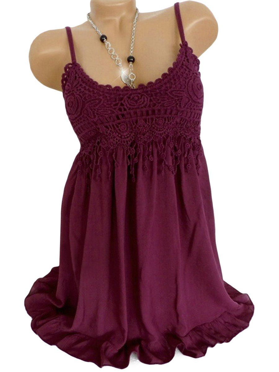 

Ruffle Hem Crochet Insert Tank Top, Deep red