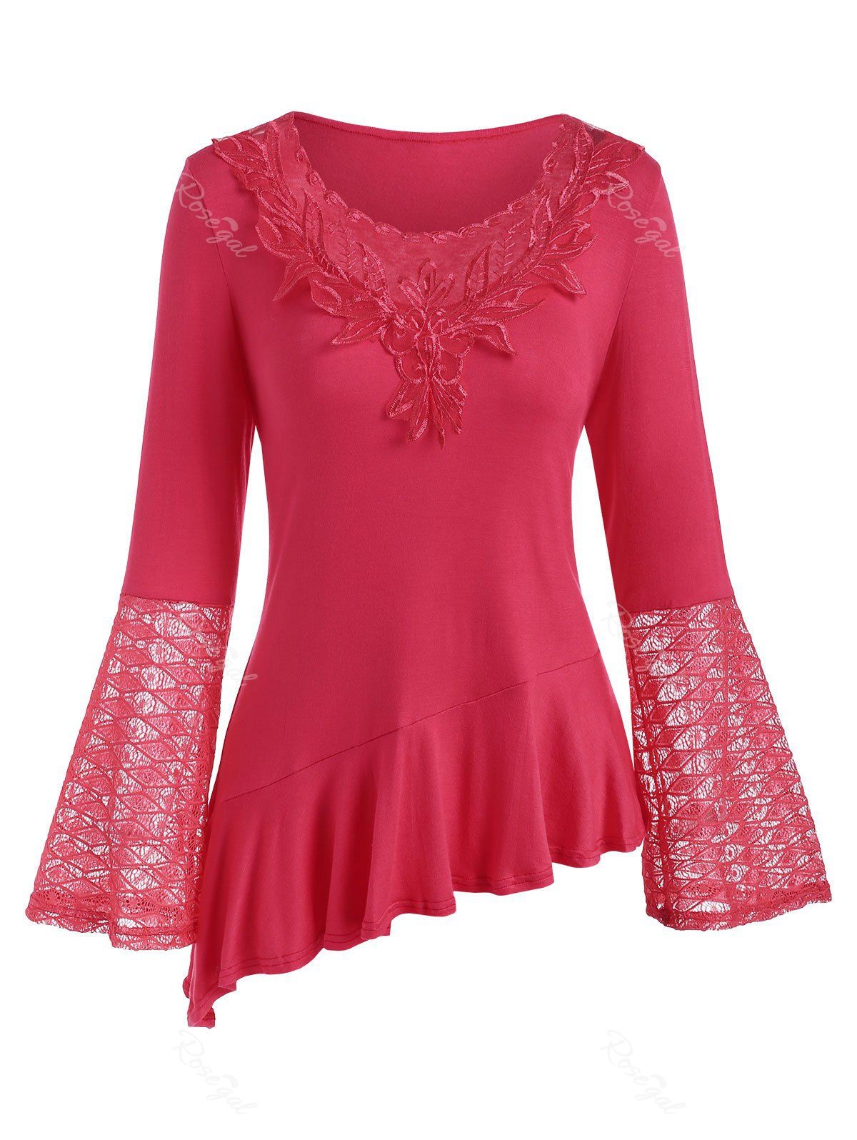 

Lace Panel Bell Sleeve Flounce Asymmetrical T-shirt, Red