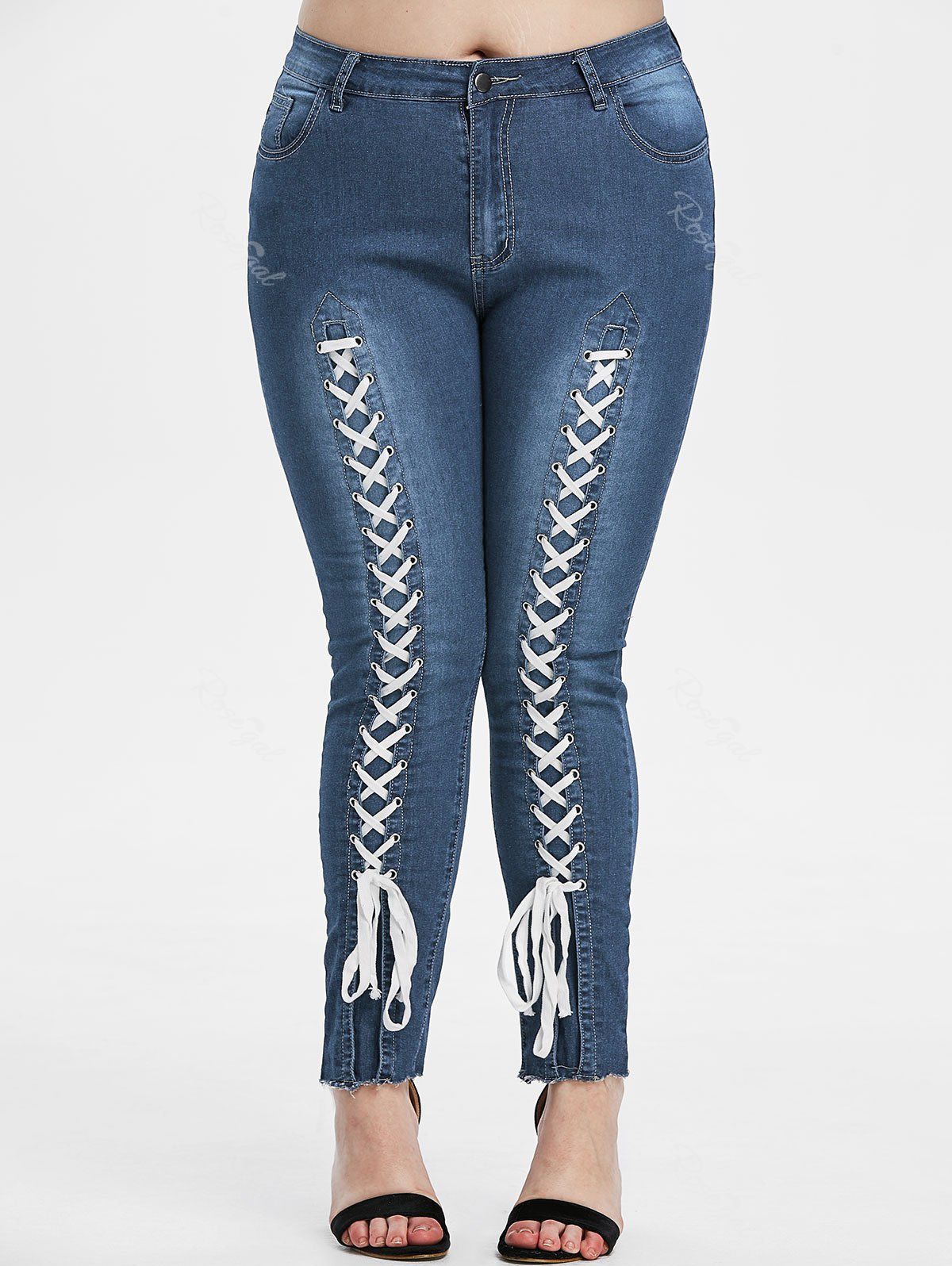 Plus Size Lace-up Frayed Hem Skinny Jeans [23% OFF] | Rosegal