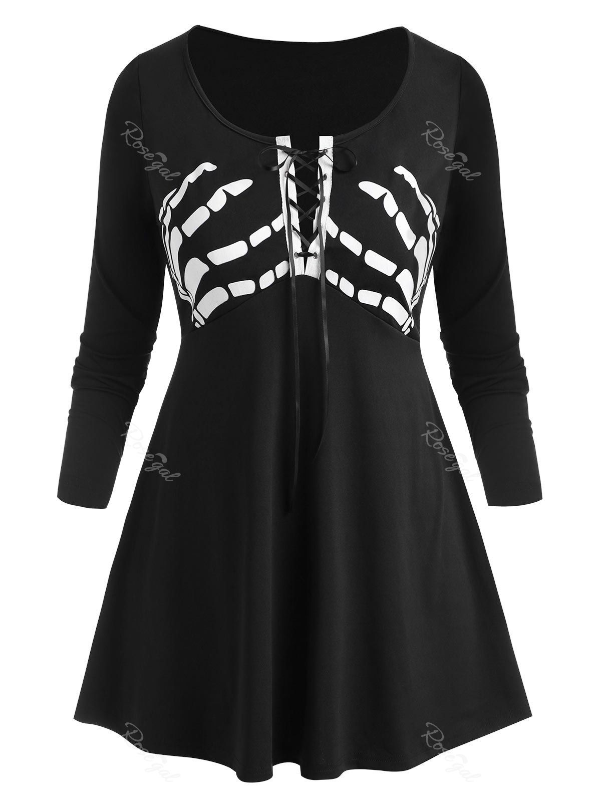

Plus Size Halloween Lace Up Skeleton Print T Shirt, Black