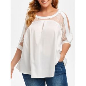 

Curved Hem Lace Panel Cold Shoulder Plus Size Blouse, White