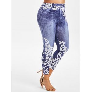 

Plus Size Anthemion 3D Jean Print High Waisted Jeggings, Deep blue