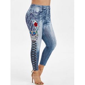 

Plus Size Funny Skull 3D Jean Print High Waisted Jeggings, Deep blue