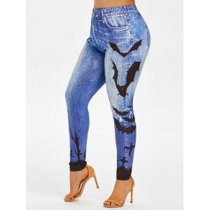 

Plus Size Bat 3D Printed High Waisted Jeggings, Blue