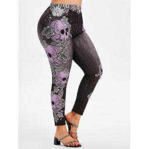 

3D Print Skull Floral Halloween Plus Size Jeggings, Black