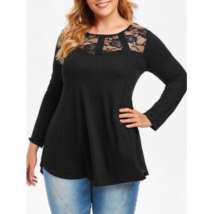 

Plus Size Lace Panel Curved Tunic Tee, Black