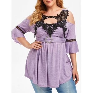

Plus Size Lace Crochet Flare Sleeve Open Shoulder T Shirt, Crocus purple