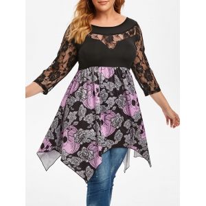 

Plus Size Flower Skull Lace Panel Sheer Hanky Hem Tee, Black