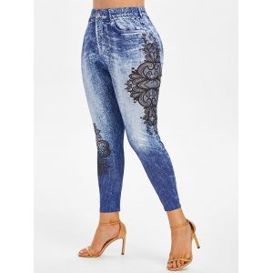 

Plus Size 3D Print Floral Jeggings, Light blue