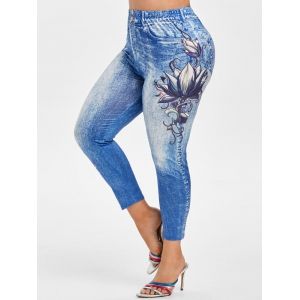 

Plus Size Floral 3D Print Jeggings, Deep blue