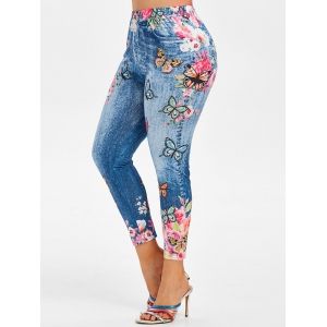 

Plus Size High Rise Floral Butterfly Print Ninth Jeggings, Blue