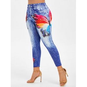 

Plus Size Butterfly 3D Print Ninth Jeggings, Light blue