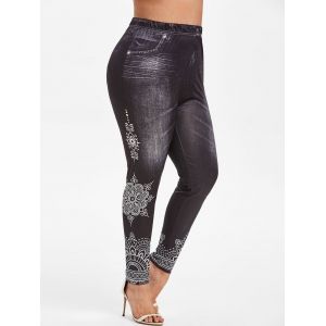 

Plus Size 3D Denim Tribal Print Jeggings, Black