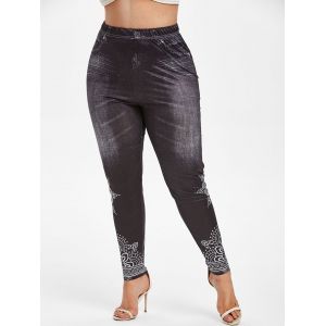 

Plus Size 3D Denim Tribal Print Jeggings, Black