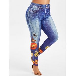 

Plus Size Halloween Funny Pumpkin 3D Pattern High Waisted Jeggings, Blue