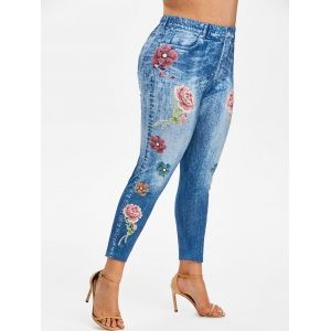 

Plus Size 3D Print Rose Jeggings, Light blue