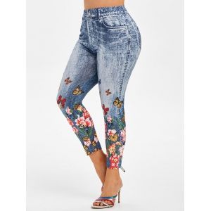 

Plus Size High Rise Butterfly Floral Print Jeggings, Blue