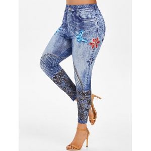 

Plus Size 3D Lace Print Butterfly Ninth Jeggings, Blue