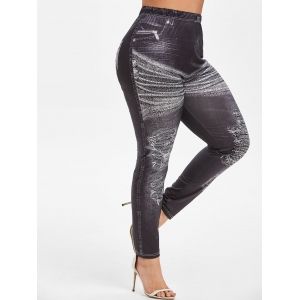 

Plus Size 3D Ripped Jean Print Skinny Jeggings, Black