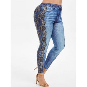 

Plus Size High Rise 3D Lace Denim Print Jeggings, Denim dark blue