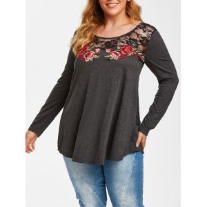 

Plus Size Lace Insert Floral Applique T Shirt, Ash gray