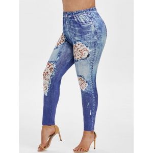 

Plus Size 3D Lace Destroyed Jean Print Fitted Jeggings, Blue